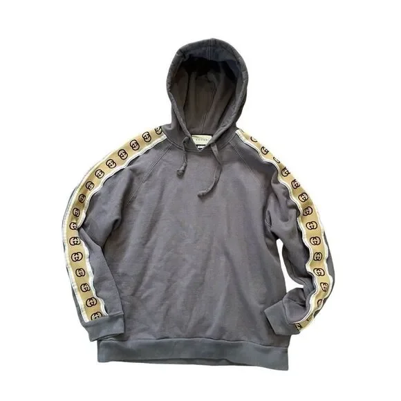 Gucci Interlock G Gray Hoodie With Tan Logo Stripe Sleeve Men’s XXL